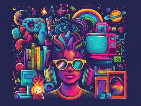 Create a nerd culture celebration in vibrant art showcasing geeky tees gadgets and the joy of fandom with bright cheerful colors