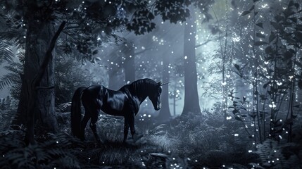 Centaur forests whisper tales of phoenixes mermaids and griffins under the moonlit dance of werewolves and vampires watched over by fairy lights - obrazy, fototapety, plakaty