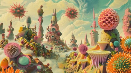 Dreamy universes emerge from geometric bases painting surreal vistas that stretch beyond the known filled with isometric marvels and bacterial ecosystems - obrazy, fototapety, plakaty