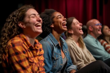 Multiracial Audience Expressing Joy and Laughter at a Comedy Show in an Amateur Theater