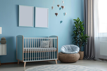 Mock up of a baby light blue room with a crib and empty wall poster frames