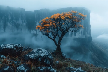 blooming tree at the edge of abyss on top of tepui mountain