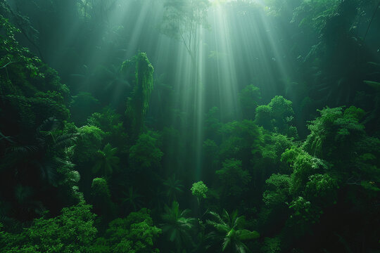 tropical forest at sunset, light breaks through the forest canopy