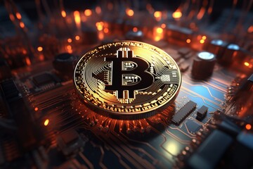 Bitcoin is a cryptocurrency coin on the background of computer wires with neon light.
