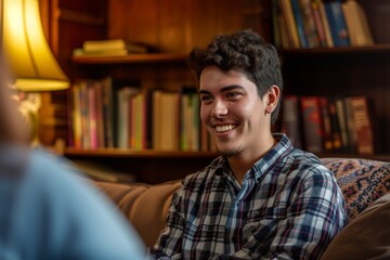 Obraz premium Young Man Having a Conversation with a Therapist in a Cozy Counseling Room