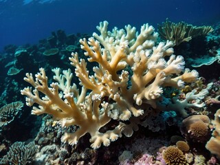 Naklejka na ściany i meble Coral bleaching linked to elevated sea temps: Loss of symbiotic zooxanthellae threatens Pacific reef. Loss of symbiotic zooxanthellae endangers reef