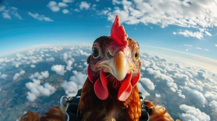 Rolgordijnen Skydiving chicken with a parachute pack above clouds © Vodkaz