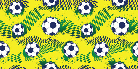 Abstract seamless football pattern for boy, sport textile, clothes, wrapping paper. Geometric wallpaper. Ball on checkered background with grunge brush splatters. Brazil football colors © Kseniia Koval