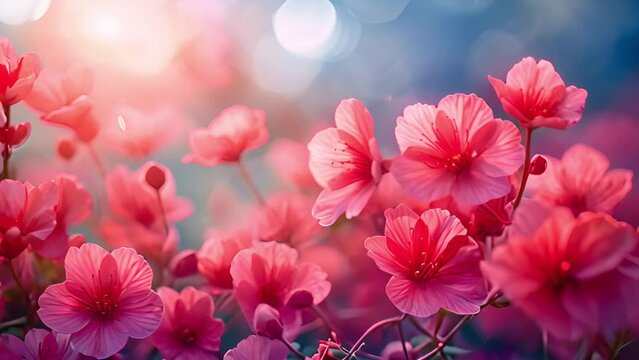 Pink flowers in the spring. Shibuzakurea in sunlight. Stunning purple wildflowers bloom in a lush field, vibrant and colorful. Delicate petals of the flowers shimmer in the sunlight, 4k video