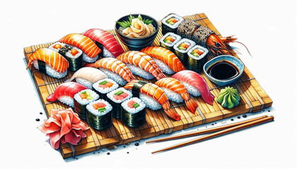 an illustration of a tray of sushi on a white background
