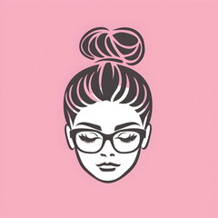 A logo illustration of a businesswoman with glasses and bun on pink background.