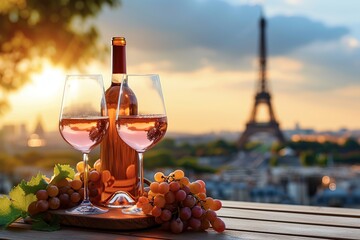 Bottle and wineglasses with ripe grapes on table on Eiffel Tower background - obrazy, fototapety, plakaty