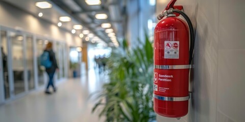 A Fire Extinguisher Mounted on a Wall in a Busy Office Corridor, Ensuring Readiness and Protection, Generative AI