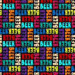 Small bright colorful multi-colored words beer isolated on a black background. Cute seamless pattern. Vector simple flat graphic illustration. Texture.