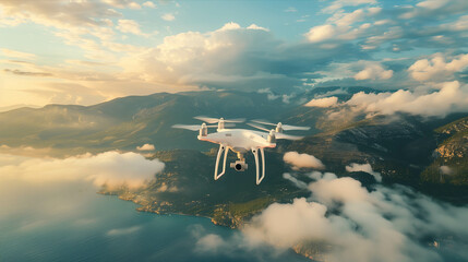 Closeup drone taking view of mountains and sea. - obrazy, fototapety, plakaty