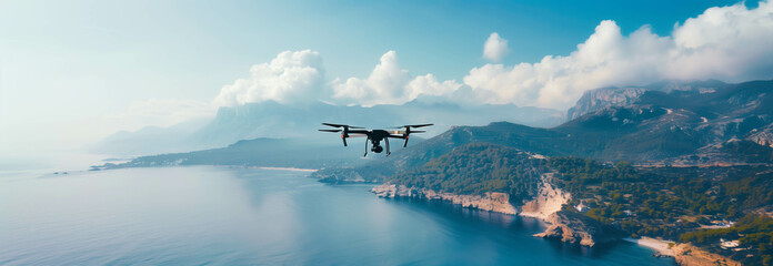 Closeup drone taking view of mountains and sea. - obrazy, fototapety, plakaty