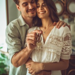 A young couple holds happily a key to their new home which they were. Happy housewarming concept. Shot of a young couple hugging while showing their new house keys at home.