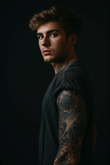 Fototapeta premium Caucasian man has tattoos on his body on black background.