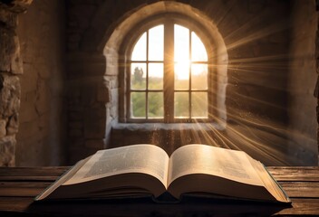 Magic book, rays from a book, against the background of an old window in a castle