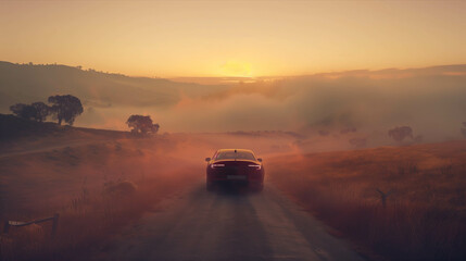 Fototapeta na wymiar Cars running on the road During the sunset of the valley and the sea of ​​mist.