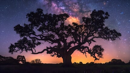 Majestic lone tree under starlit sky with cosmic colors of dusk and night
