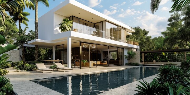Modern white house with open plan living with swimming pool and trees
