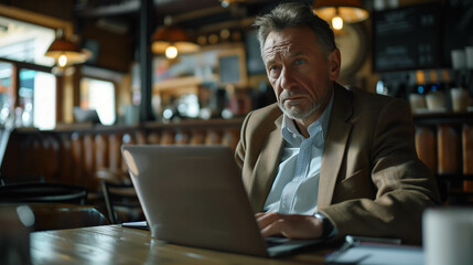 Fototapeta na wymiar Elderly Caucasian man in suit using laptop in coffee shop.