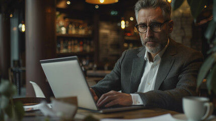 Fototapeta na wymiar Elderly Caucasian man in suit using laptop in coffee shop.