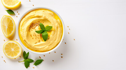 Bowl of hummus with greens and olive oil on white background, top view, copy space