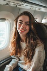 Caucasian woman sitting in airplane near window.