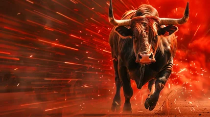 Rolgordijnen furious bull running at high speed red theme © TheosArtTavern