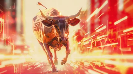 Fototapeten angry bull running at high speed red theme © TheosArtTavern