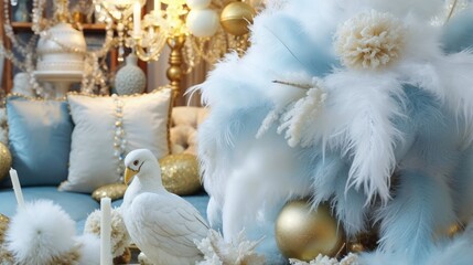 Festive Decorations with Ostrich Feathers and Christmas Tree. Beautiful Pastel Blue and Gold Christmas Background.