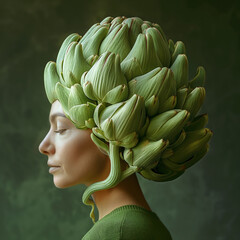 Woman with artichoke petals as hair, profile view