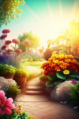 illustration of spring landscape with gardening tools, ai generative