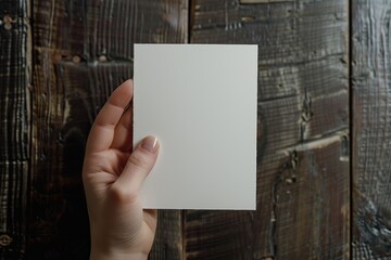 Female hand with blank paper card on wooden background
