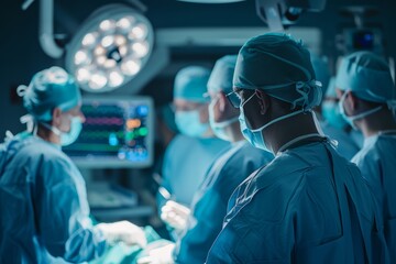 Medical Team of Surgeons Focused on Monitors During a Surgery in an Operating Room