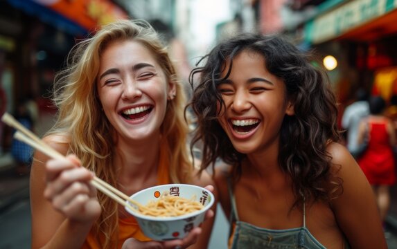 Joyful Friends Sharing a Takeout Meal of Noodles with Chopsticks on an Urban Adventure