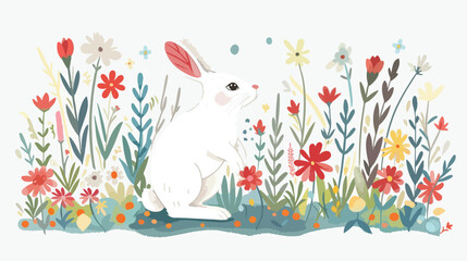 Colorful floral illustration with rabbit. Happy e