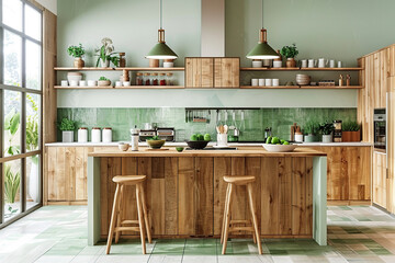 Modern wooden interior kitchen with different cabinets and island - obrazy, fototapety, plakaty