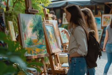 Naklejka premium Two Women Appreciating Art at an Outdoor European Market Stall