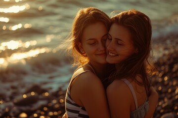 Joyful Young Women Embracing on a Rocky Beach at Sunset
