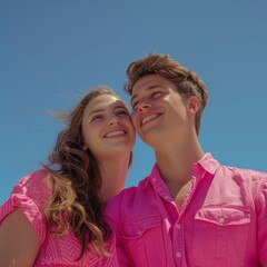 Young Woman in Pink Leaning on Male Friend Against a Clear Blue Sky