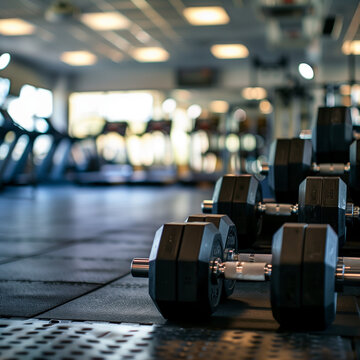 Modern Gym Interior with Dumbbells and Fitness Equipment