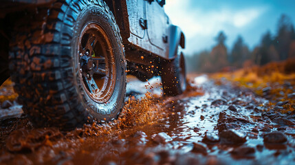 Off-road vehicle on muddy road with mud splashes at sunset
