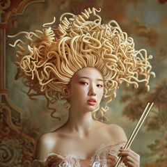 Elegant Asian woman with bizarre noodle hairstyle holding chopsticks