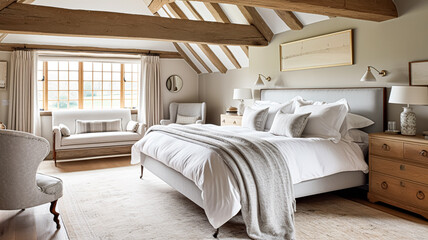 Cottage style bedroom decor, interior design and home decor, bed with elegant bedding and bespoke furniture, English country house or holiday rental