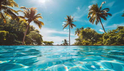 Fototapeta na wymiar crystal pastel blue clear pool surrounded by blurred lush palm trees under the blue sky