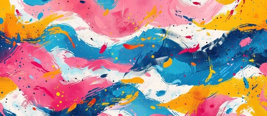 An abstract painting featuring a dynamic combination of blue, pink, and yellow colors in a vibrant pattern.