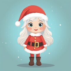 The image features a charming and cheerful cartoon girl with silver hair, big blue eyes, and rosy cheeks. She is dressed in a classic red Santa Claus outfit complete with a furry white trim, a wide bl